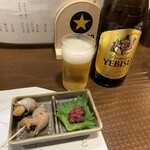 Saketoshokuyuujimminato - お付きだし、300円＋エビスビール 中瓶、600円