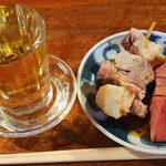 宇ち多゛ - 梅割り(甘め)と　レバボイルとアブラ少ないとこ一本ずつお酢　です