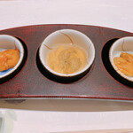鮨 さわ田 - バフンウニ、塩水ウニ、ムラサキウニの食べ比べ