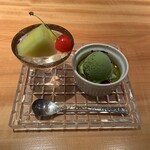 おおたに - メロン、さくらんぼの白ワインゼリー、抹茶のアイスブリュレ