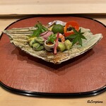 御料理 寺沢 - 蚕豆､幼雌穂､伏見唐辛子､鴨ﾛｰｽ焼､菱蟹の内子､油目砧巻､車海老旨煮､青梅蜜煮､酸漿の中に螺貝の生海胆和えにキャビア