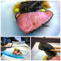 日本料理 TOBIUME - ＊宮崎牛ヒレのローストビーフ。見るからに美しく美味しそう。口に入れるとトロケマスし、大根おろしと共に頂くと絶品。 添えられた茄子の田舎煮も美味しいこと。