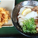 Hanamaru Udon - 牛肉おろしぶっかけうどん中＆4種の野菜のかき揚げ
