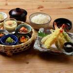 Seasonal colorful flower basket and tempura meal