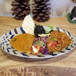 森林食堂 - Cセット（豚さんの粗挽きキーマカレー ＆ 長期成熟鶏のチキンカレー）＋ イカ墨鴨キーマ（ちょいのせ）