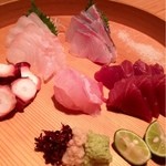 並木橋なかむら - 刺身5点盛り、柳たこ・平すずき・初かつを・すじあら・勘八