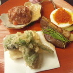 日本料理 幸庵 - 八寸　穴子天ぷら、鴨ロース、トビコ、ズワイガニ、鯛の塩辛etc