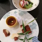 龍宮殿 - 焼物…鰻巻織巻き､奈良漬け白和え､蛸湯引き梅肉醤油♪
