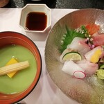 龍宮殿 - そら豆の冷製スープ＆お造り(スズキ、アオリイカ､カンパチ､まぐろ､ホウボウ､ボタン海老)♪