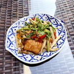 Stir-fried white fish fritters and celery