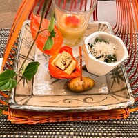 蓮 - ナスのスリ流し、アピオス、空芯菜としめじ、とうもろこし豆腐