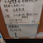 金田 - 一階は全席禁煙。二階はテーブル席に限り電子タバコのみ喫煙可