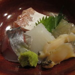 Shunsai Tei Yumesaki - くるま鯛昆布締め・バイ貝・アオリイカ・鯵・フクラギ