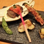 Takami - 帆立　万願寺唐辛子つくね　マナガツオ金山時味噌　和牛ロースのトマトソース