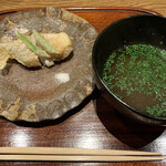 ごだん 宮ざわ - 陶陽の土に魯山人の指跡､､、にビビりつつ極旨天つゆに白ぐじ投入