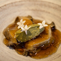 レストラン オオツ - 2022.7 地物黒鮑 肝のムース ズッキーニトロンベッタ 鮑出汁ジュレ