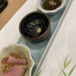 北新地 鮨 葵 - 前菜3種　鴨　茄子　もずく