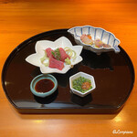 らん亭～ 美日庵 - 境港産の天然本鮪の味比べと丹後産の真鯛と豊予産の関鯵の造り