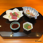 らん亭～ 美日庵 - 境港産の天然本鮪の味比べと丹後産の真鯛と豊予産の関鯵の造り