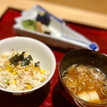銀座 しのはら - ご飯物〜炊き込みご飯とお味噌汁にお新香。
