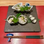Kaisekioui - 八寸：賀茂茄子とかぐら南蛮 天然鮎の揚げ出し 蛤のおひたし 水蛸ポン酢 新子にぎり