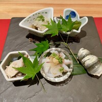 会席応為 - 八寸：賀茂茄子とかぐら南蛮 天然鮎の揚げ出し 蛤のおひたし 水蛸ポン酢 新子にぎり