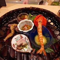 乙味 あさ井 - 八寸　海老、鴨、じゅんさい、雲丹と卵、ゴーヤ