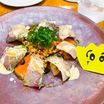 渡辺料理店 - シマアジヴィネガーマリネ サラダタブレ　クスクスが入ってます。シマアジの焼き具合が抜群、、！