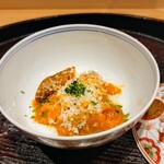 日本料理 研野 - 蛸の柔らか煮、海老の頭や魚のアラで取った出汁を入れたトマトのソース、中をくりぬきペンネにみたてた牛蒡、パルメザンチーズとたたいた木の芽