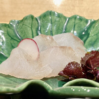 炭火割烹 庵 - お刺身 江戸前のコチ
                    今が旬のコチをカボスとお醤油でいただきます。
                    淡白な白身魚ですが上品な甘みがありなかなかの美味♪
                    カボスの酸味が旨味の薄さを補いさっぱりといただけます。