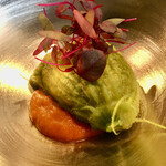 37+1 - 南瓜の花に詰めた鱧〜トマトのペースト