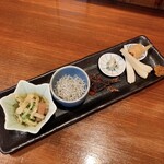活鰻の店 つぐみ庵 - 前菜-キュウリのお浸し・釜揚げシラス・カラスミとスルメイカ・ワサビ漬け・エシャレット-