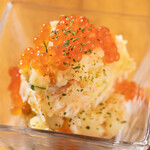 Bubble potato salad with salmon roe and tobikko