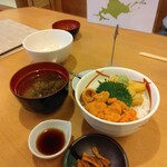 うに むらかみ - うに食べ比べハーフ　　　本日の生うにの産地は
      　　　　　　　　　　　　　　日本海産　キタムラサキウニと利尻・礼文島産　　蝦夷バフンウニ
      