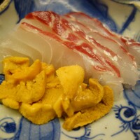 道人 - .....四品目.....向付.....たい（明石）.....あかうに(淡路島由良).....