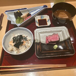 銀座 しのはら - スッポンと琵琶鱒のご飯　飛騨牛のヒレ肉　香の物　みそ汁　