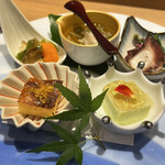 鮨 双海 - 旬菜〜タコのやわらか煮、枝豆の豆腐、じゃがいものグラタン、蒸し鮑と雲丹、ジュンサイ