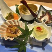 鮨 双海 - 旬菜〜タコのやわらか煮、枝豆の豆腐、じゃがいものグラタン、蒸し鮑と雲丹、ジュンサイ