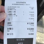 スープメン - 220730土　東京　スープメン　レシート