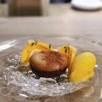 MONICA - 中央にタルトショコラショ、まわりに宮崎県産マンゴーとマンゴーヴィネガーで漬けた新生姜のガリ、ローストした香りを纏わせたバナナのエスプーマ、トロピカルフルーツのアイスが添えられています。