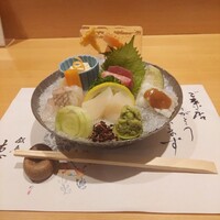 銀座 穂の河 - お造り。鮪(赤身&中トロ)、鯛、帆立貝柱、鱧落とし梅肉添え、生湯葉