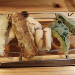 天ぷら膳と旨いもん ほ  - 右から　オクラ、胡瓜、イカ、牛蒡、鯛
