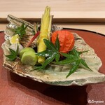 御料理 寺沢 - 太刀魚焼､石川小芋､油目砧巻､幼雌穂､栄螺､鞘豌豆､酸漿