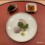 御料理 寺沢 - 真鯒と眞子鰈の造り 割醤油とちり酢とともに