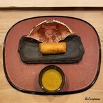 御料理 寺沢 - 菱蟹の身と香豆の春巻とかにみそソース
