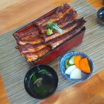 町田 うなぎ流木 - 【関西風地焼】と【関東風の蒲焼】が１匹ずつ盛り付けてある『二鰻羽織重』