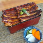 町田 うなぎ流木 - 【関西風地焼】と【関東風の蒲焼】が１匹ずつ盛り付けてある『二鰻羽織重』