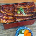 町田 うなぎ流木 - 【関西風地焼】と【関東風の蒲焼】が１匹ずつ盛り付けてある『二鰻羽織重』