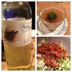 器楽亭 - ワイン、お通し（新たまねぎのムース）かにみそサラダ