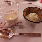ル ピオニエ - 料理写真:桃のスープ豆乳入りレモン風味のオリーブオイル、
蕪のフランボッコンチーニとグリンピースのムース